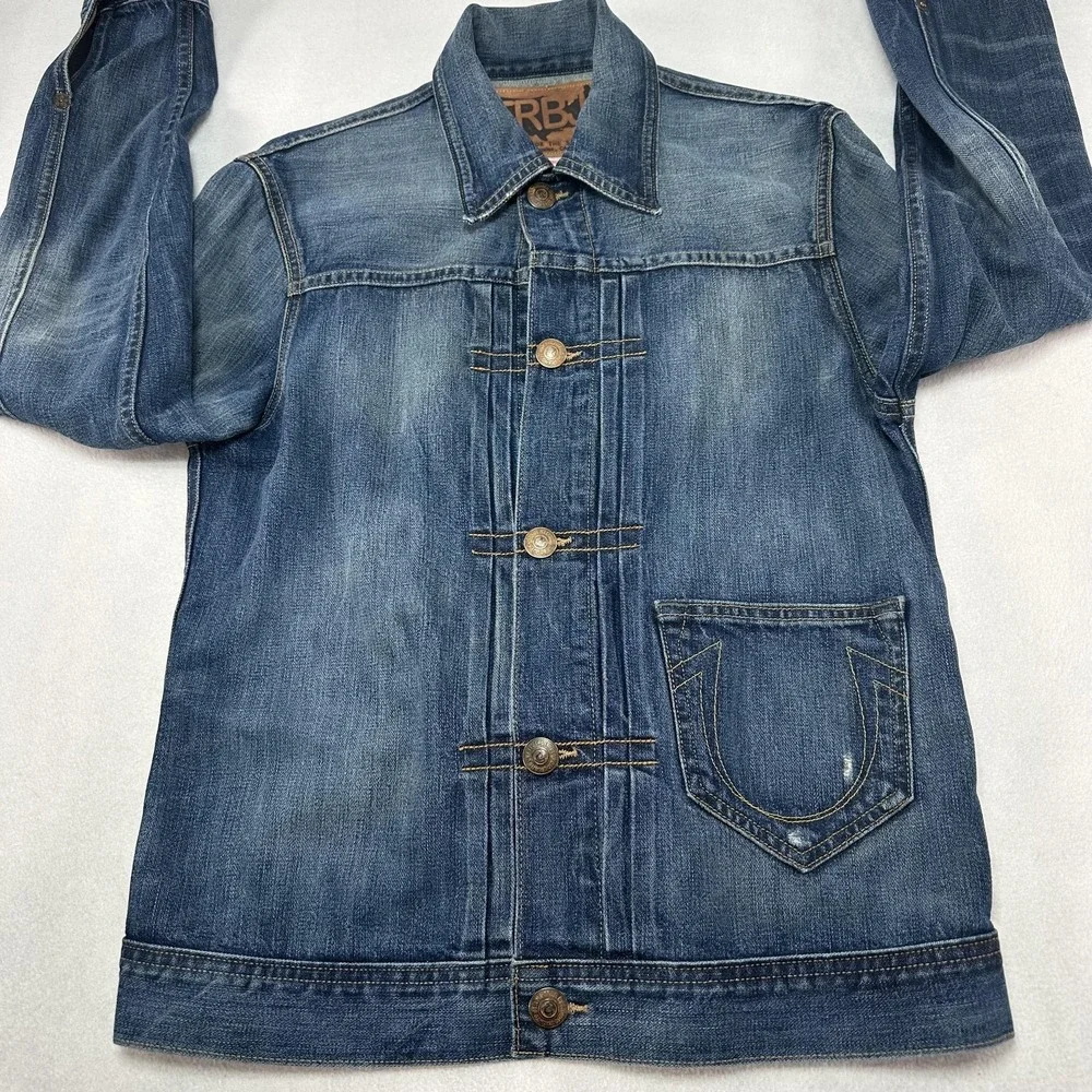 True Religion Jacket Mens Small Blue‎ Denim Kyle Phoenix Front Pleated Trucker